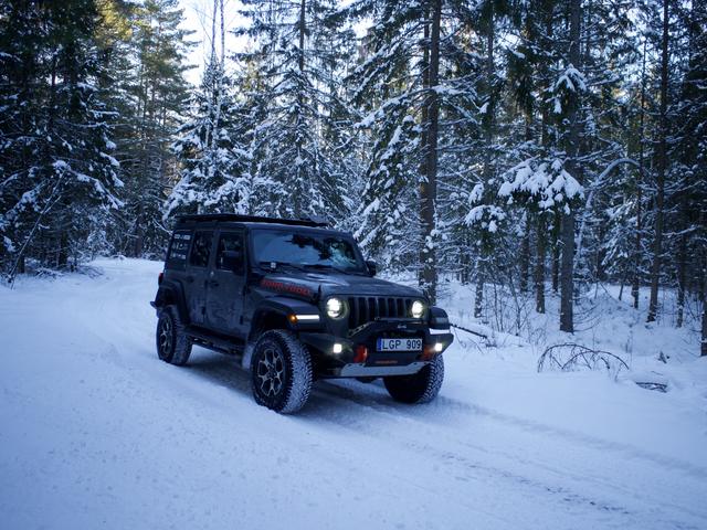 Wrangler sniegu padengtu miško keliu, 2022 m. sausis